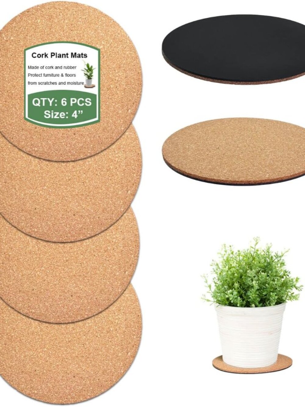 4 Inch Cork Plant Coasters, 6 Pack Round Plant Mats for Small Flower Pots
